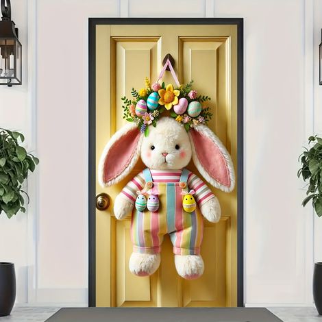 Guirlande De Porte Lapin De Pâques - Décor Accrochable Pour Porte D'Entrée Intérieure Extérieure - Motif De Couronne Florale - Protection Douce Et Résistante - 1 Pièce (1/5)