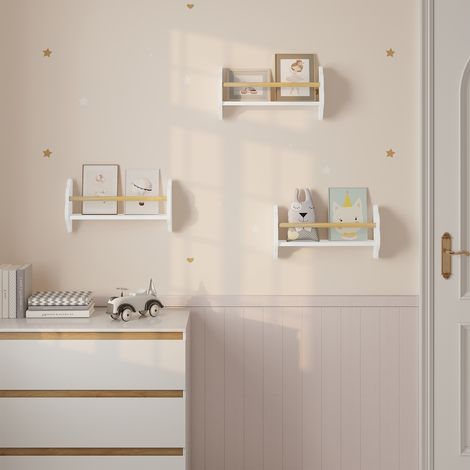 WOLTU Kinder Bücherregal 3er Set Kinderregal Kinder Wandregal Schweberegal Kinderzimmerregal für Buchaufbewahrung aus Kiefernholz MDF für Kinderzimmer Spielzimmer, 45x12.7x23cm Weiß (1/5)