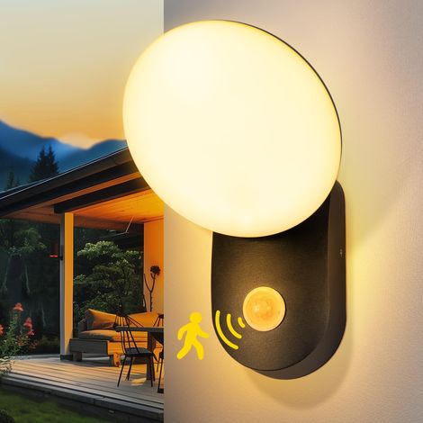 Applique murale d'extérieur étanche avec détecteur de mouvement – Applique murale LED en aluminium, rotative à 350°, lumière chaude 3000 K (noir)