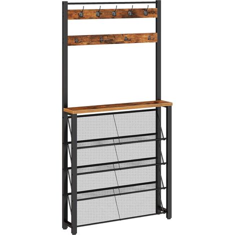 Meuble d’Entrée Étroit de 20 cm avec Rangement à Chaussures et Crochets, Porte-Manteau Multifonctionnel, pour Couloir, Entrée, Derrière la Porte, Marron Rustique et Noir (1/5)