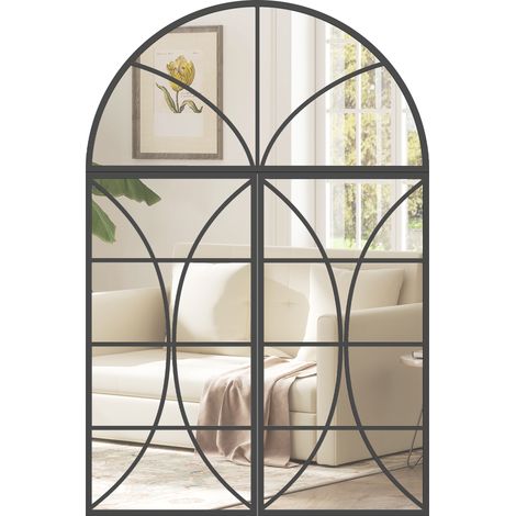 Bogenförmiger Wandspiegel 80 x 120 cm, 3er-Set, fensterförmiger Spiegel mit Glasfront, gehärtetes Glas und Metall, schwarz