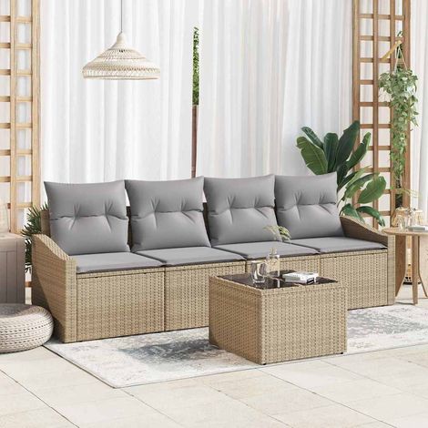 Sofa Set mit Kissen 5 pcs Beige und Grau Poly-Rattan