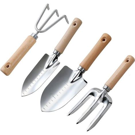 Robustes Gartengeräte-Set aus 4 Teilen mit Holzgriff und Edelstahlkopf