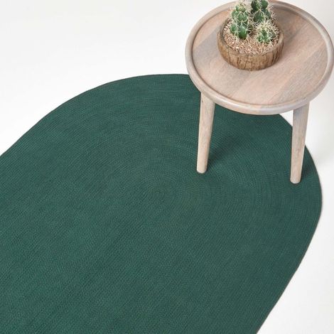 HOMESCAPES Forest Green Handmade Woven Braided Oval Rug, 60 x 90 cm