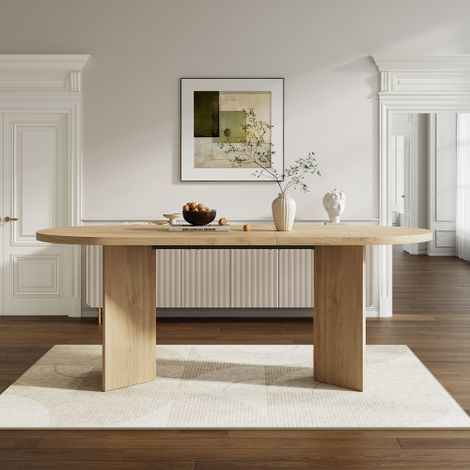 Table de salle à manger 160 x 80 cm (6 à 8 couverts) : coins arrondis, plateau épais, style minimaliste et finition couleur chêne. (1/5)