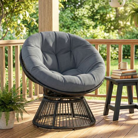 Fauteuil Papasan pivotant à 360°, fauteuil en osier avec coussin, structure en acier, fauteuil rond en rotin, fauteuil lounge, gris