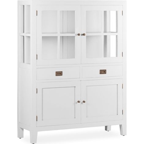 Vitrine 4 portes 2 tiroirs bois massif de mindi blanc Kourame 110cm (1/5)