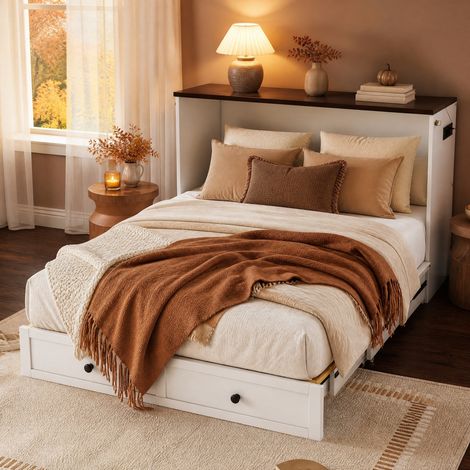 Schrankbett 140x200 cm Weiß aus Kiefernholz und MDF mit Schubladen, Regal und USB-Anschluss (1/5)