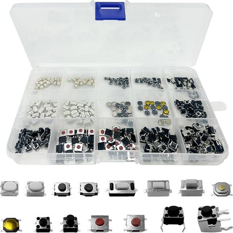 300 Pièces 15 Value Boutons poussoirs tactiles Micro Momentary Tact Assortiment Kit, d'assortiment de Bouton Tactile, pour Clé de Télécommande de Voiture, avec Boîte en Plastique (1/5)