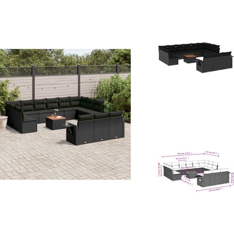 14-tlg. Garten-Sofagarnitur mit Kissen Schwarz Poly Rattan - Gartenmöbel - Esszimmergarnituren - Outdoor Möbel - Lounge Set - Rattan Gartenmöbel