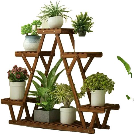 Soporte para plantas de 6 niveles, madera de pino resistente, color marrón. (1/2)