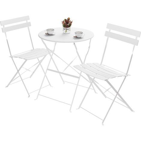 Tavolo da Giardino Bistrot in Metallo, Resistenti alle Intemperie, Pieghevoli, Tavolo e Sedie per Piccoli Balconi, Set da 3 Pezzi Pieghevole per Terrazza, Patio, Esterno, Bianco (1/5)