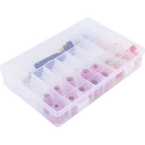 Kit d'accessoires de soudage TIG 55 pièces : connecteur à coupelle en verre, pince d'électrode, couvercle avant en PTFE pour WP 17, 18 et 26.