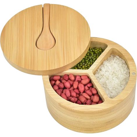 Salière en bambou, boîte à épices avec fermeture magnétique et couvercle pivotant, cuillère à sel intégrée pour sucre, poivre et épices, grand récipient à sel pour une organisation optimale de la cuis (1/5)