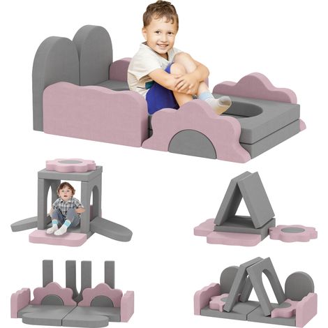 12-teiliges Set Schaumstoffblöcke zum Klettern, Bauen, Krabbeln, Indoor-Spielmatten mit Cordbezug, Grau+Rosa