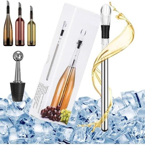 Refrigeratore per vino 3 in 1 in acciaio inox con tappo di sughero per raffreddare e aerare il vino. (1/5)