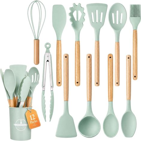 Ensemble d'ustensiles de cuisine en silicone, 12 pièces antiadhésifs et résistants à la chaleur avec support, louches, cuillères et spatules – Outils et accessoires de cuisine vert (1/5)