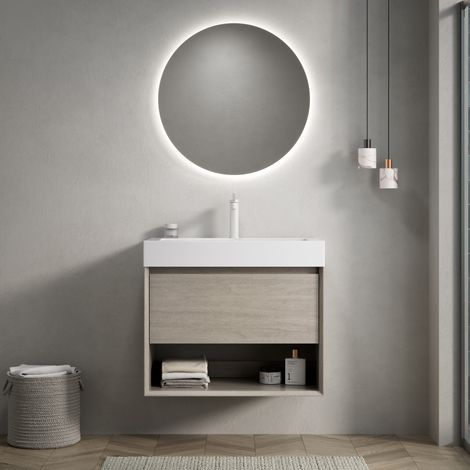 REDOM mueble de baño con lavabo 70x46x60 cm, con cajón y estante abierto, resina blanco y roble claro (1/5)