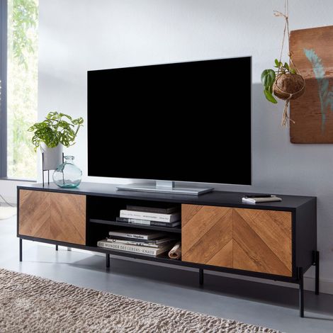 Meuble TV 2 portes 2 niches 163x40x45 cm noir et chêne foncé (1/5)