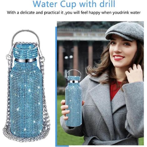 Glitzernde Strass-Wasserflasche, Umhängetasche, Bling-Thermosflasche 600ml F--