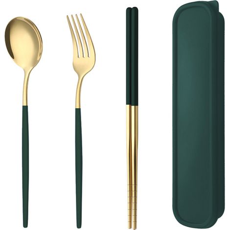 Couverts Portables - Ensemble 3 Pièces Baguettes Fourchette Cuillère avec Étui de Voyage - Pour Pique-Nique Camping Restaurant Maison - 1 Lot (1/5)