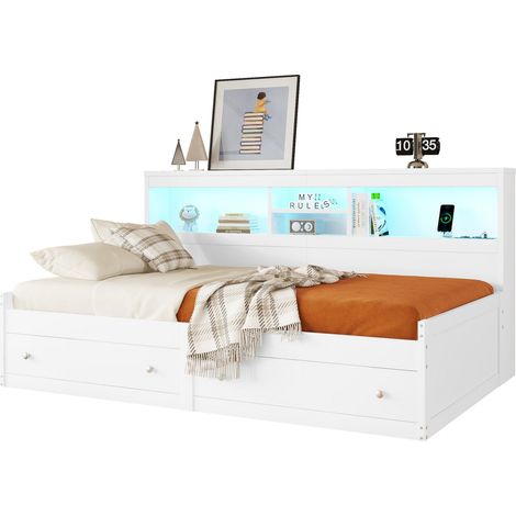 Lit banquette 90x200 cm avec LED d'ambiance, 2 USB, 2 prises, 2 tiroirs et sommier à lattes, sans matelas, blanc, pour chambre moderne - CHICFURN (1/5)