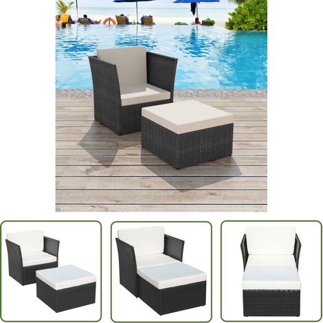 The Living Store Chaise de jardin avec tabouret Noir Résine tressée - Chaise De Jardin - Fauteuil De Jardin - Mobilier De Jardin - Set De Salon De Jardin - Résine Tressée (1/5)