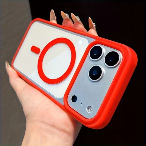Coque de protection transparente rigide avec chargement sans fil magnétique MagSafe pour iPhone 14 (rouge).