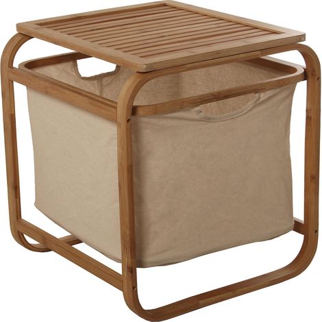 Table d'appoint bambou pour salle de bain avec rangement - Bambou naturel avec panier beige (1/4)