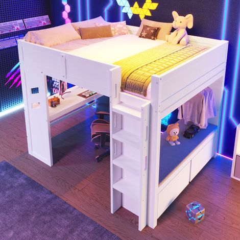 Lit Mezzanine 140 x 200 cm avec Bureau, LED, USB, Type-C et 2 Tiroirs, sans Matelas, en Bois, Blanc