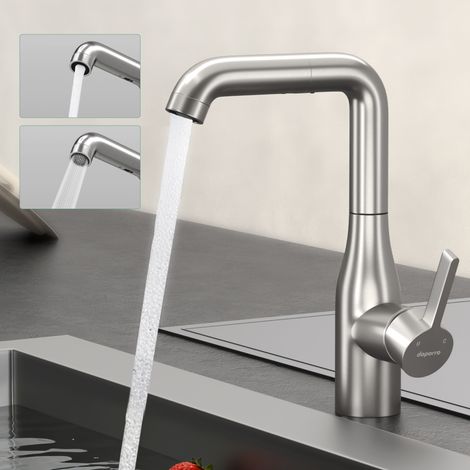 Mai & Mai Wasserhahn Küche Küchenarmatur mit Brause Ausziehbar, Küchenwasserhahn 360°Schwenkbar, Mischbatterie Spültischarmatur aus Edelstahl Gebürstet silber Turnix-04 (1/5)