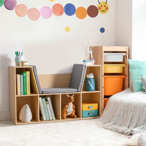 Estantería y banco infantil 2 en 1 con cojín, 103 cm × 30 cm × 62 cm, blanco + gris (1/5)