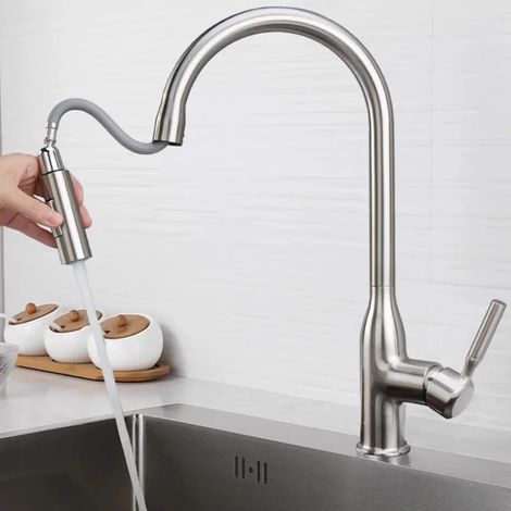 (Argent brossé - Chine continentale) Robinet d'évier de cuisine amovible à ressort, bec extractible, mitigeur eau chaude/froide avec douchette extractible, idéal pour la cuisson. (1/5)