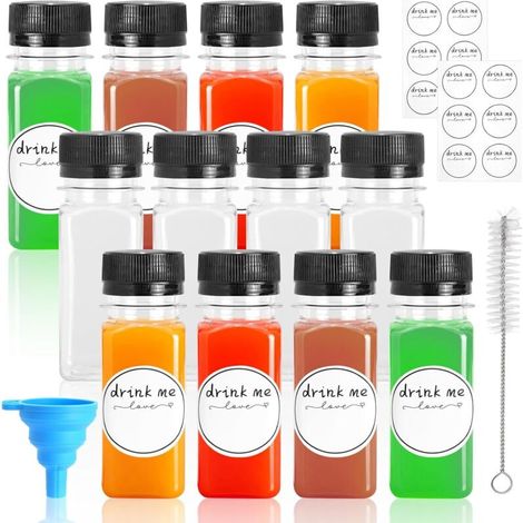 12 Shot-Flaschen, 60 ml, BPA-freies PET, auslaufsicherer Verschluss, mit Trichter, Bürste und Etiketten, für Säfte, Smoothies und auf Reisen. (1/5)