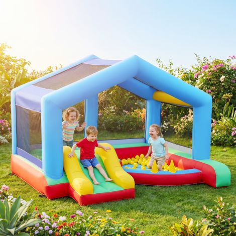 Château gonflable 4 en 1. aire de jeux avec souffleur. toboggan. piscine à balles. jeu de lancer d'anneaux. multicolore