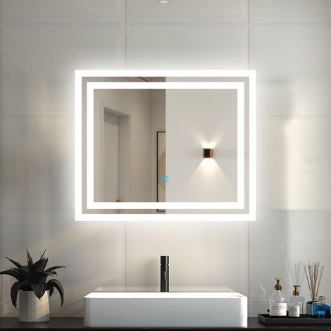 Biubiubath 600x500mm Bathroom LED Mirror with Lights+Demister+Touch Sensor Switch Wall Mounted
