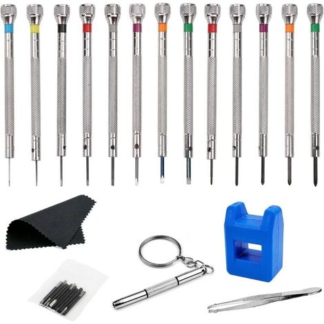 13 Pièces kit tournevis de précision 0,6-2,0 mm, Tournevis Montre pour Réparation, tournevis horlogerie avec Démagnétiseur, Outils de Réparation D'horloger (13) (1/4)