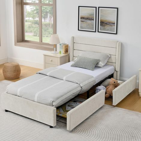 Lit 90x200 avec 2 tiroirs de Rangement, Lit Capitonné 90x200 AVCE Sommier à Lattes, pour Enfant Adolescent Adulte, sans Matelas, Chenille Beige (1/5)