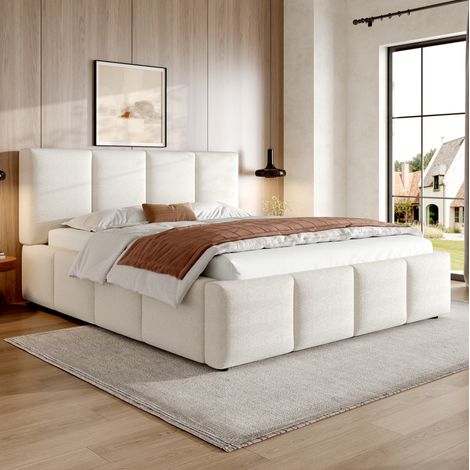 Lit 180x200 avec sommier, tête de lit bouclé beige HAVRYA (1/5)