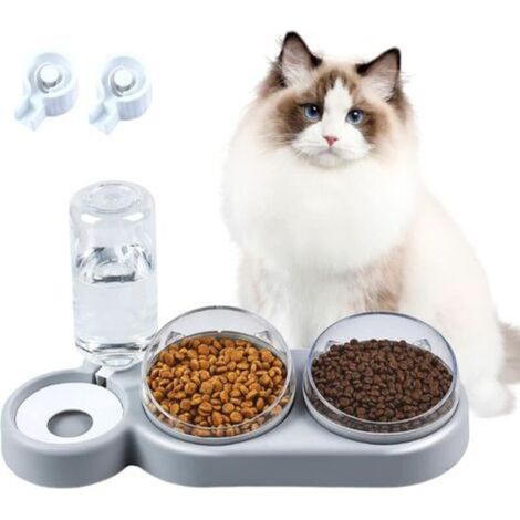 Gamelle pour chat, gamelle pour chat inclinable à 15°, 3 en 1 avec stockage d'eau automatique, adaptée aux chats et chiots (gris)