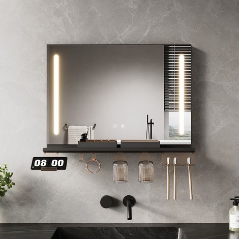 SONNI Badspiegel mit LED Beleuchtung, Ablage, Dimmbarer 3-Farben Beleuchtung und Antibeschlag, 700x500, Stilvoll und Funktional