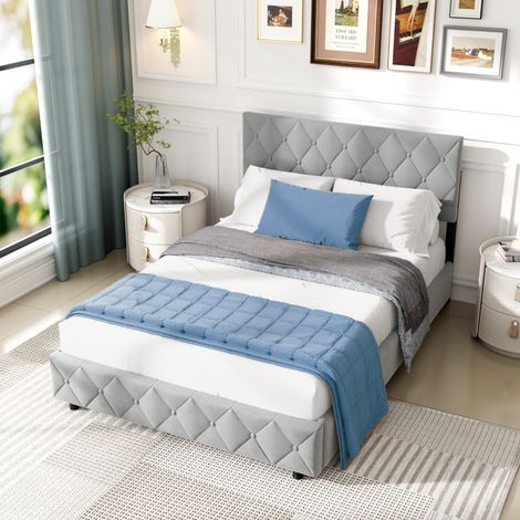 Cama 140x200 cm Tapizada Terciopelo Gris, Diseño Moderno Atemporal, Estructura Estable con Listones de Madera, Capacidad 250 kg - Confort Óptimo (1/5)