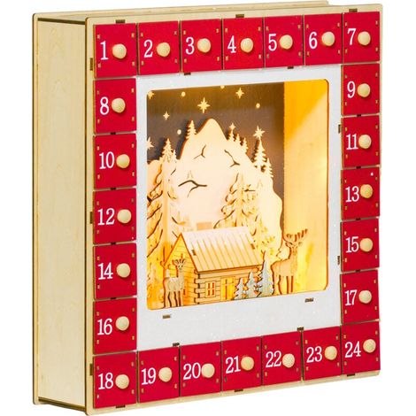 LED-Adventskalender mit Dorfmotiv, 24 große Schubladen, MDF, 34 x 7 x 34 cm, Rot (1/4)