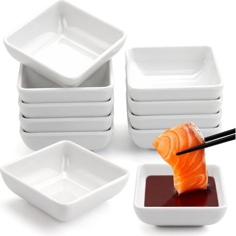 Lot de 10 bols à sauce soja empilables carrés de 7,5 x 7,5 x 2,8 cm, pour sauce soja, herbes, fruits et en-cas (blanc). (1/5)