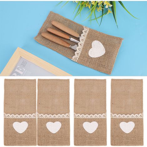 10 pièces Poches de Jute Dentelle Cœur pour Couteaux Fourchettes - Décoration Mariage, Noël, Fêtes - Porte-couverts Rustique Éco (1/3)