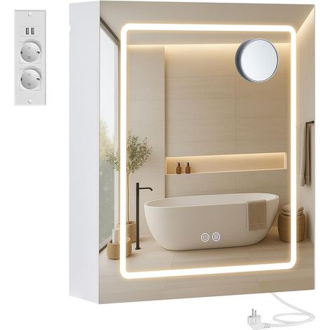 Armoire murale moderne salle de bain avec miroir fonction anti-buée 16,5 x 50 x 60 cm en panneau aggloméré blanc (1/2)