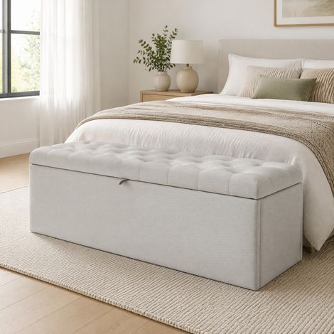 Banco baúl con almacenaje de tela en gris claro, 141 x 41,5 x 47 cm, estilo europeo, versátil como banco, ottoman o reposapiés, ideal para dormitorio  CHICFURN (1/5)