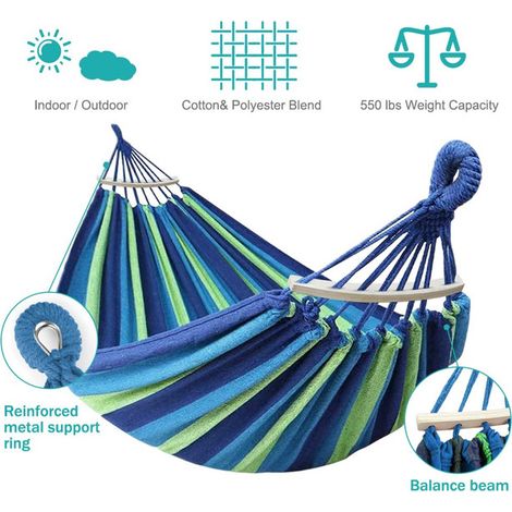 Hamac Double de Jardin en Toile d'Extérieur pour Patio Camping Capacité de Charge 250 kg avec Poutre d'Équilibre et Sac de Transport (1/5)