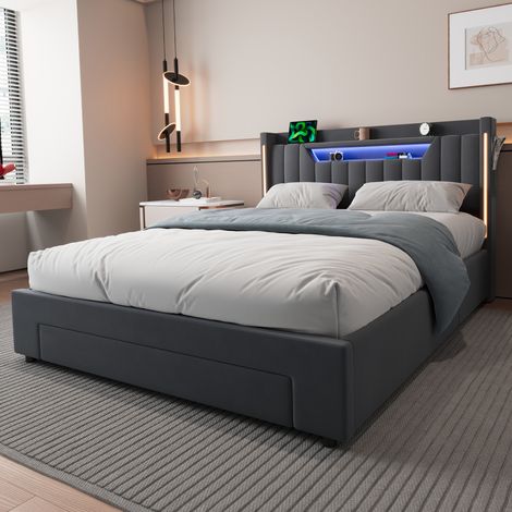 Etagenbett 140/200 cm in grigio scuro con LED, vano contenitore idraulico e docking station (1/5)