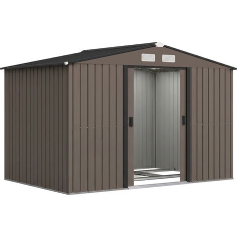Abri de jardin 4,9 m² (277 x 195 x 192 cm) avec 2 portes coulissantes, toit en pente et 4 fenêtres, marron (1/5)